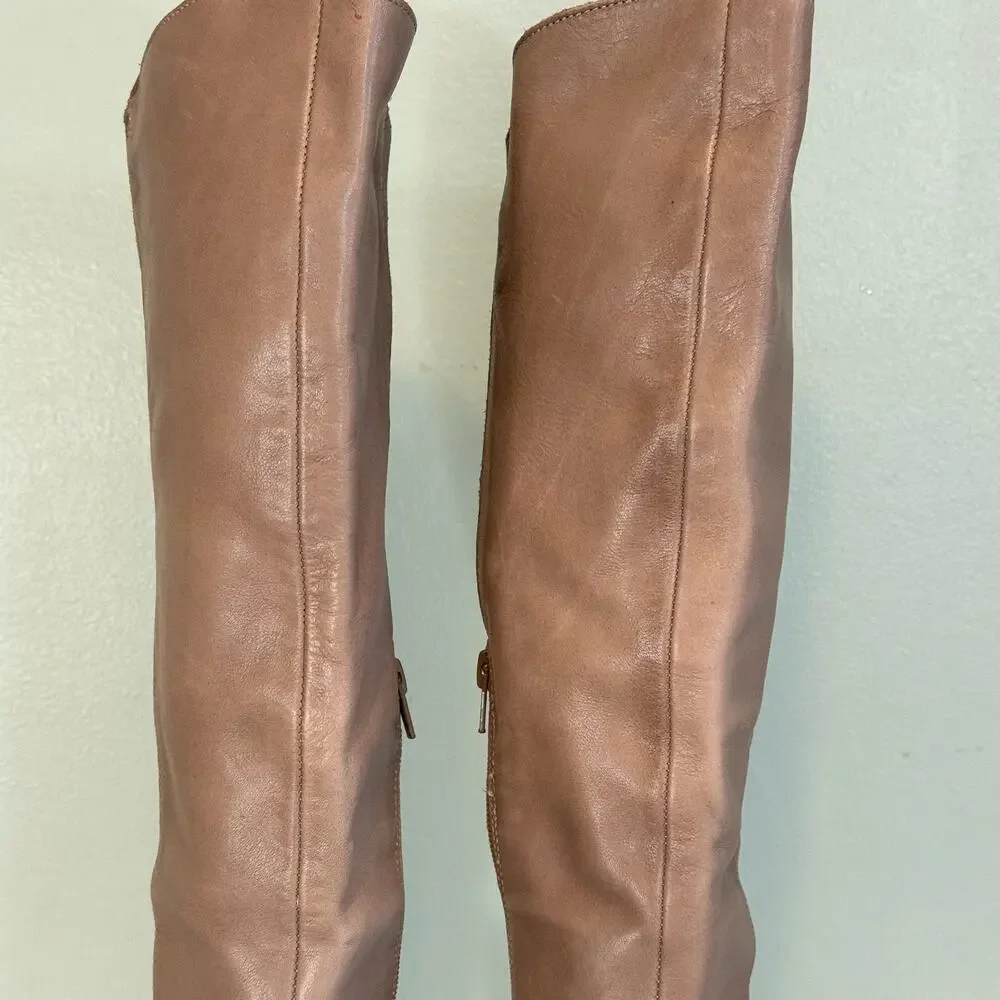 Sole Society Over the Knee Boots Beige Tan Leather Pointy Toe Block Heel Size 7M